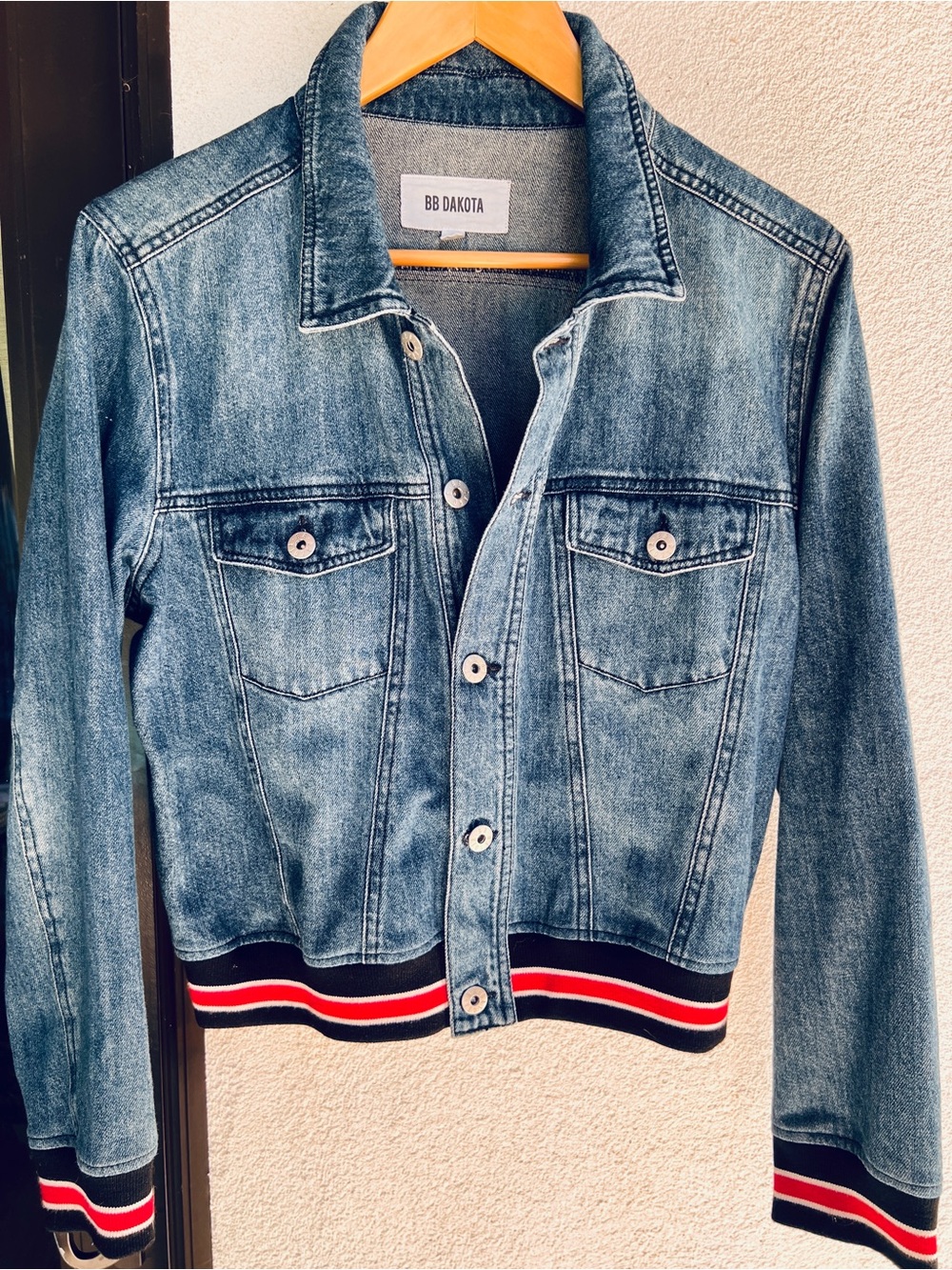 BB Dakota| 🇺🇸 Denim Jacket, Striped Red & Blue detail- Perfect for 4th of July!